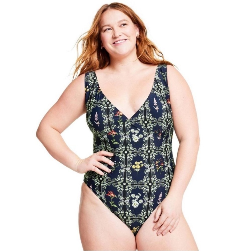 Agua Bendita Floral Tile Print One-Piece Swimsuit in Navy and Green